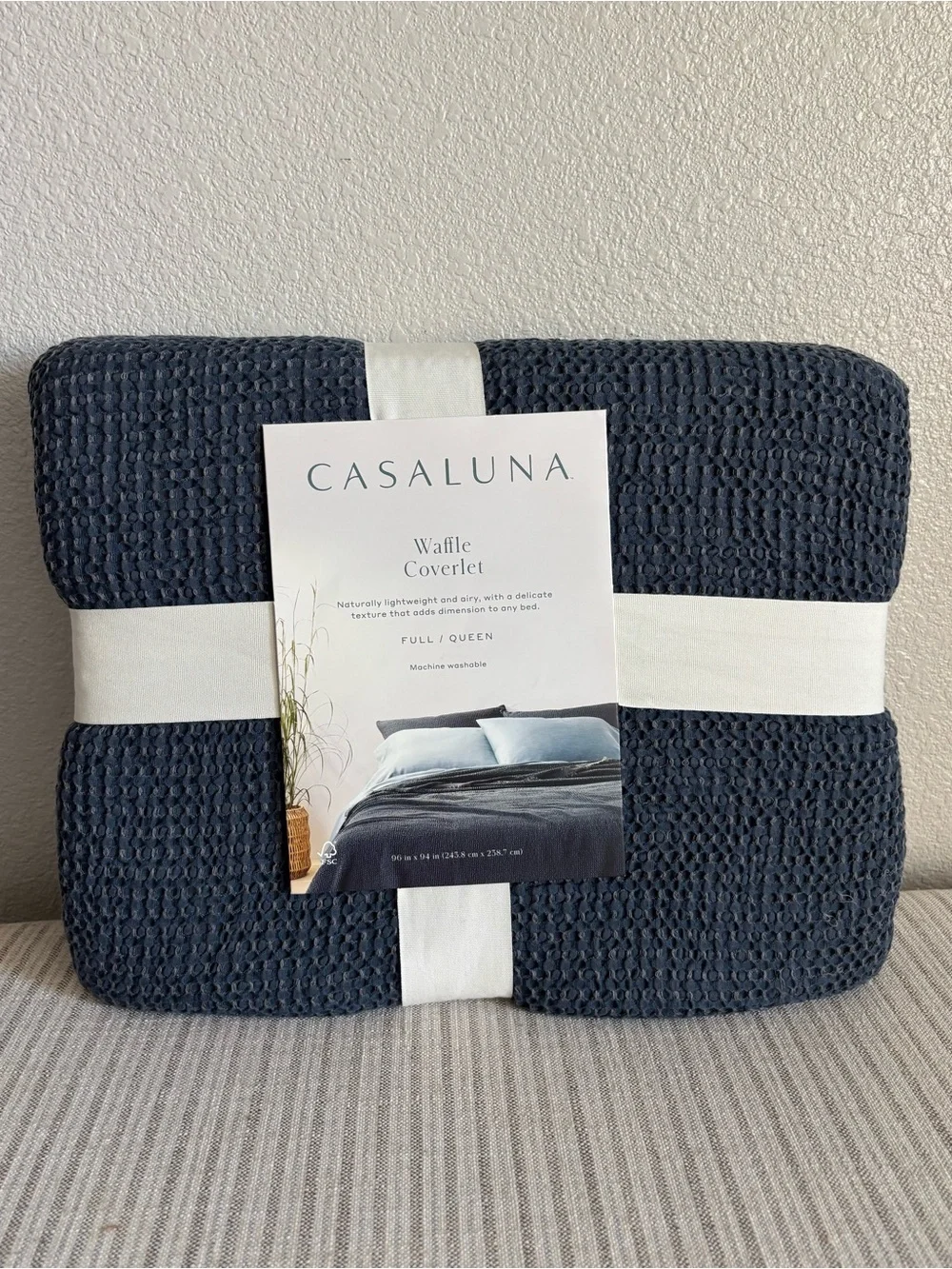 NWT Full/Queen Textured Waffle Coverlet Dark Mineral Blue - Casaluna